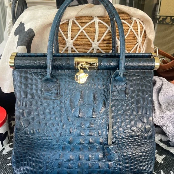 Elegant Blue Crocodile Embossed Leather Handbag - Picture 1 of 6